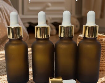2 Frosted Amber Glass Boston Round Bottle with Gold Metal and Glass Dropper for Oils
