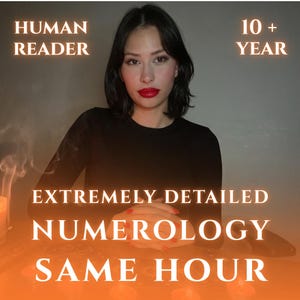 May include: A person with dark hair and red lipstick wearing a black long-sleeve shirt. Text overlays read: HUMAN READER, 10 + YEAR, EXTREMELY DETAILED NUMEROLOGY, SAME HOUR. The person is positioned behind a surface with glowing orange light.
