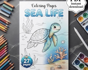 Sea Life Coloring Book Kids, Printable Ocean Coloring Pages, Toddler Preschool Activity, Digital Download PDF, Cute Marine Animals Book