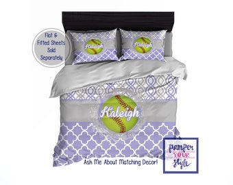 Custom Softball Bedding - Personalized Team Softball Bedroom - Lavender Purple and Gray Custom Softball - Personalized BaseballBedding