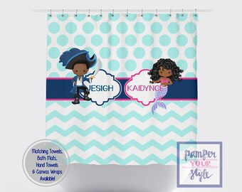 Whimsical Kids Bathroom - Pirate and Mermaid Customized Shower Curtain - Dark Skin Mermaid and Pirate Bathroom Decor - Sibling Bathroom