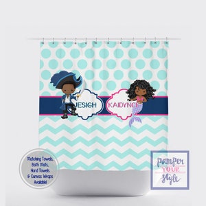 Whimsical Kids Bathroom - Pirate and Mermaid Customized Shower Curtain - Dark Skin Mermaid and Pirate Bathroom Decor - Sibling Bathroom
