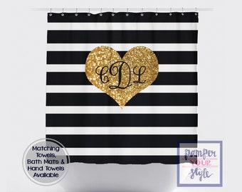 Black and Gold Personalized Shower Curtain - Simulated Gold Glitter and Black Stripes Monogrammed Shower Curtain - Sublimated Fabric Curtain