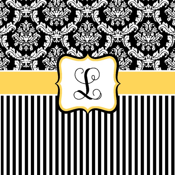 Damask and Stripe - Yellow, Black and White -Personalized Shower Curtain, Custom Monogrammed Curtain