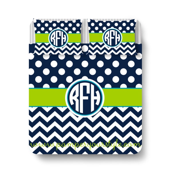 Polka dot and Chevron Duvet Bedding - Navy, Lime Green and Turquoise Bedroom - Circle Monogram Bedding - College Custom Bedding