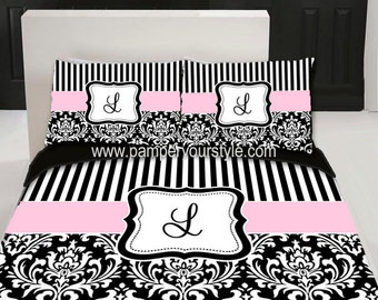 Custom Damask and Stripe Bedding Duvet Cover and Matching Sham(s) - Personalized or Monogrammed bedding - facebook.com/pamperyourstyle