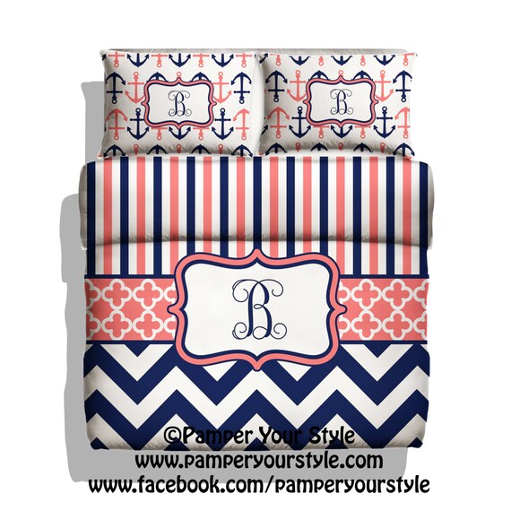 Monogrammed Striped And Chevron Nautical Anchor Bedding Etsy