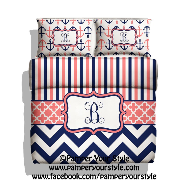 Monogrammed Striped and Chevron Nautical Anchor Bedding Navy Etsy
