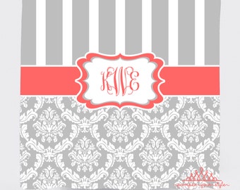 Stripe and Damask Shower Curtain - Personalized or Monogrammed Shower Curtain - Coral and Gray Shower Curtain