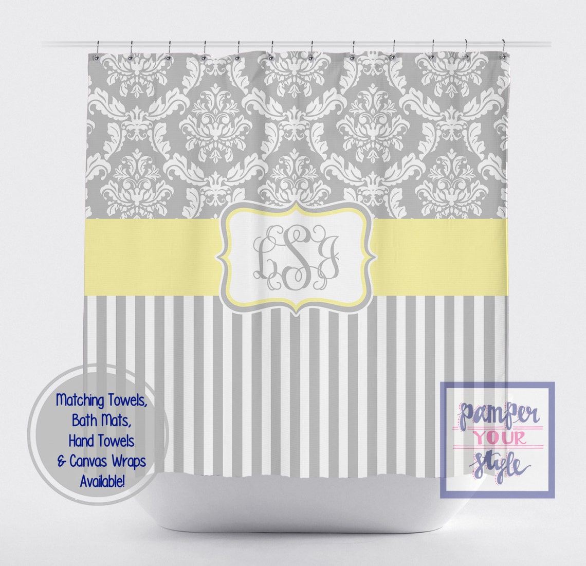 Damask and Stripe Gray and Yellow Shower Curtain Any Color Etsy