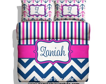 Monogrammed Striped and Chevron Nautical Anchor Bedding - Hot Pink and Navy Bedding - Personalize with Name or Monogram - Create your Bed