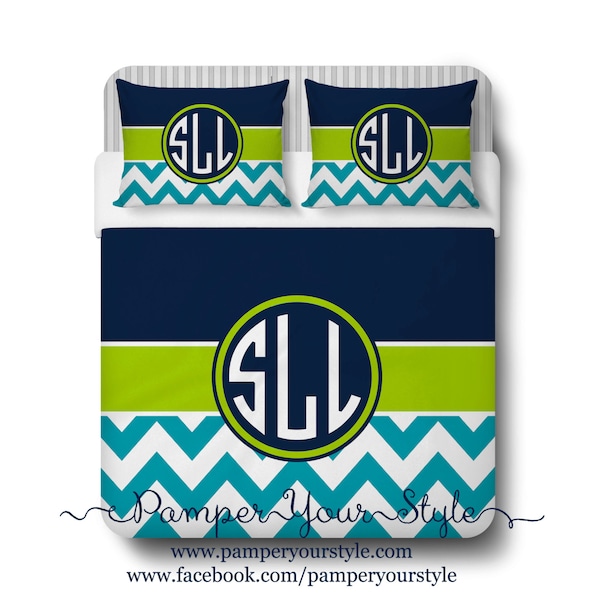 Preppy Circle Monogram Bedding - Custom Bedding Decor - Dorm Bedding Designed by me - Navy, Lime and Aqua Comforter or Duvet Bedding