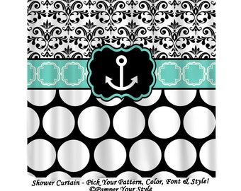 Anchor Damask and Dot Shower Curtain - Aqua, Black and White Nautical Shower Curtain - Beach Bathroom - Costal Island Shower Curtain -