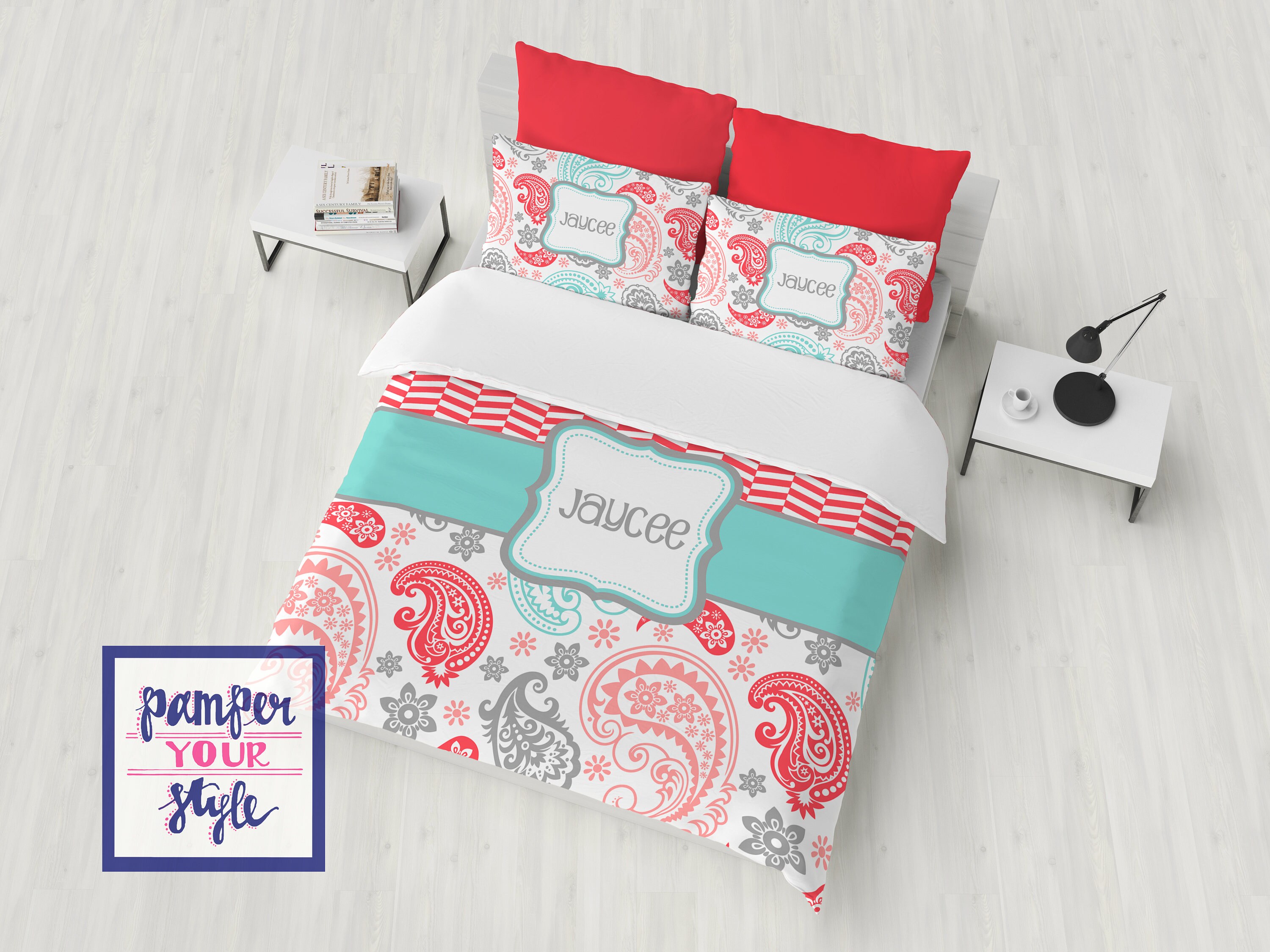 College Dorm Bedding Set Personalized Teal And Coral Etsy