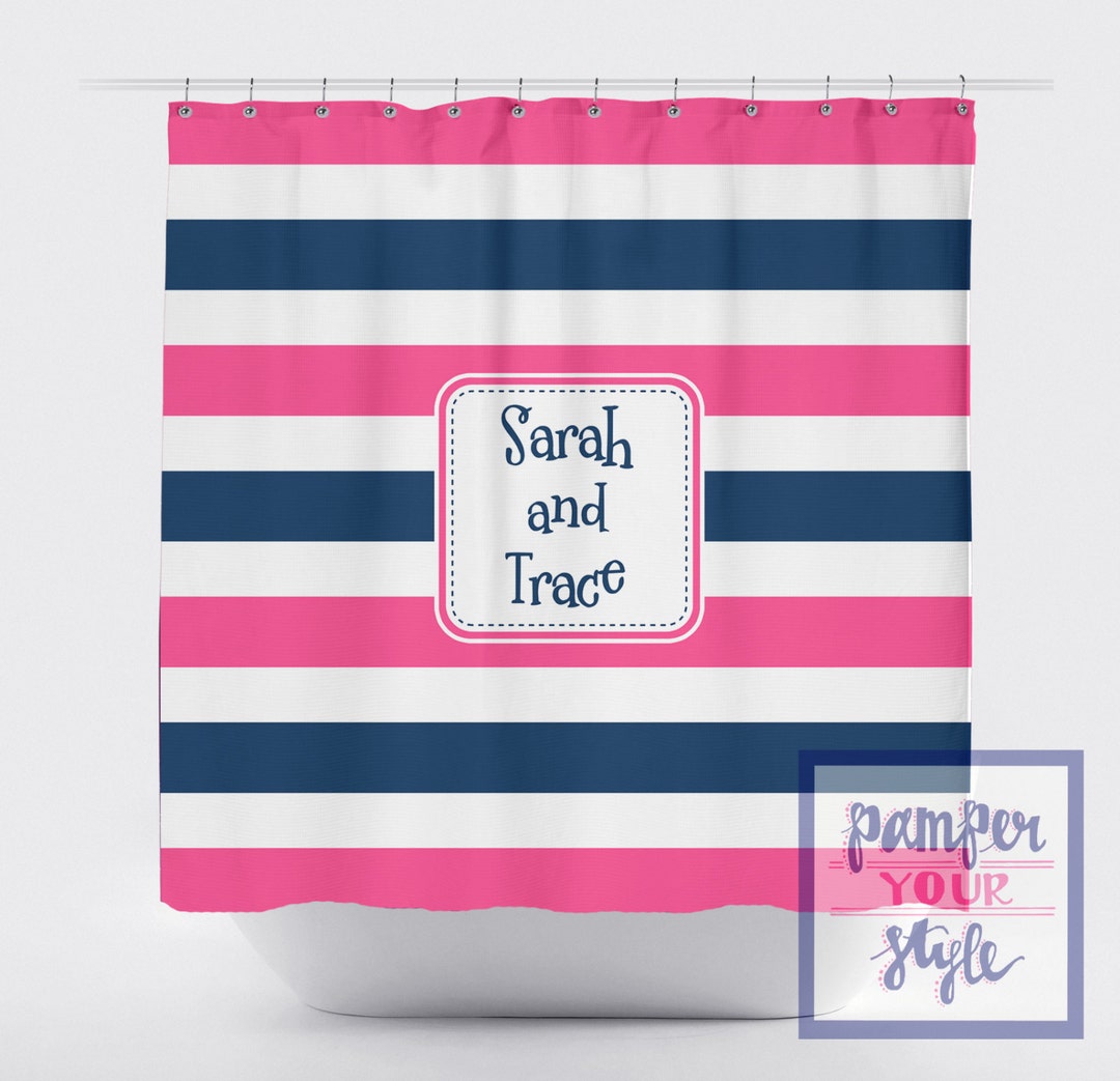 Stripe Pink and Blue Shower Curtain Sibling Bathroom Brother Sister