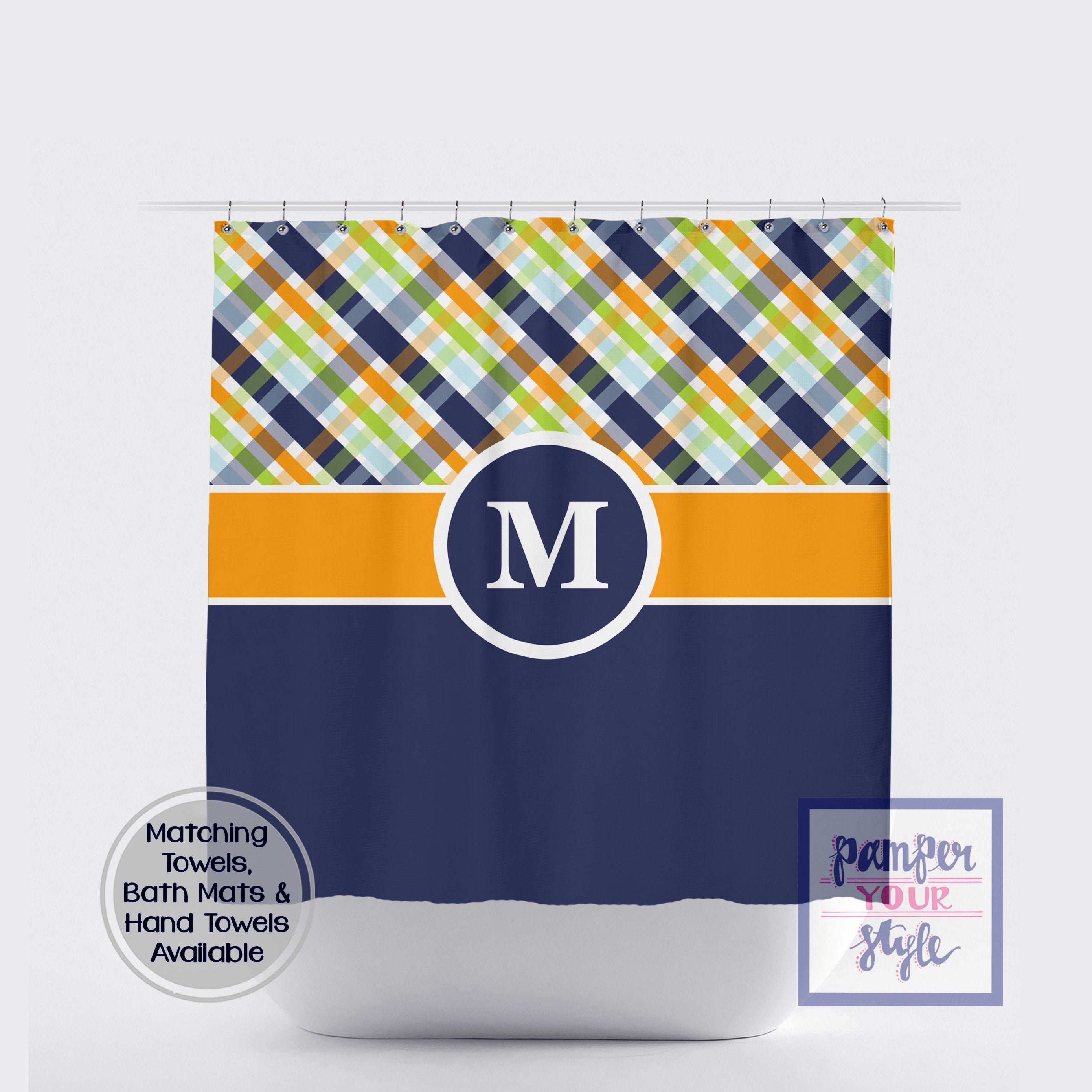 Plaid Shower Curtain Navy Green and Orange Bathroom Curtain Etsy