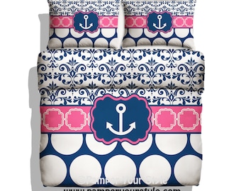 Monogrammed Nautical Anchor Bedding - Hot Pink and Navy Bedding - Damask and Polka Dot Personalize with Name or Monogram - Create your Bed