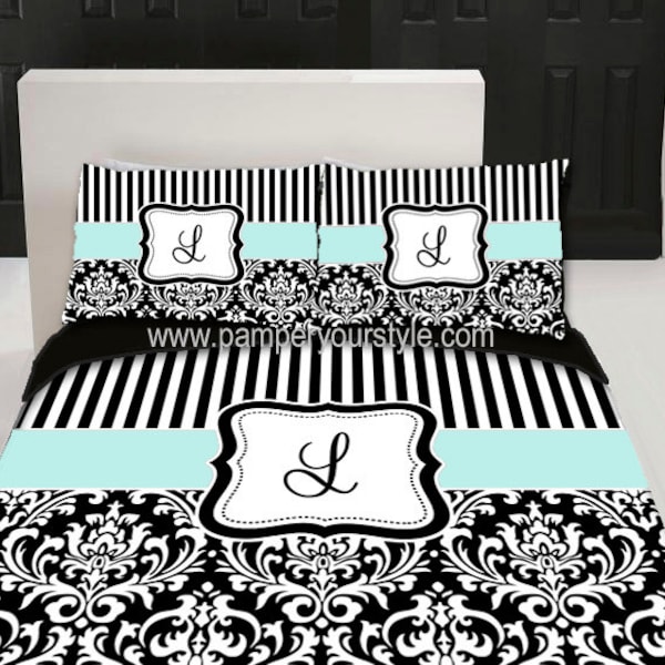 Custom Damask and Stripe Bedding Duvet Cover and Matching Sham(s)- Personalized or Monogrammed bedding - facebook.com/pamperyourstyle