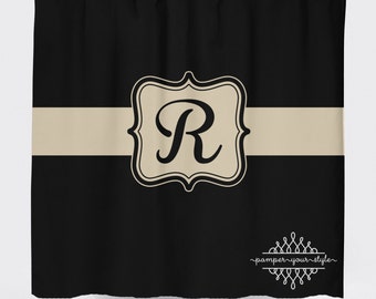 Black and Tan Monogrammed Shower Curtain - Classy Bathroom Shower Curtain - Guest Bathroom