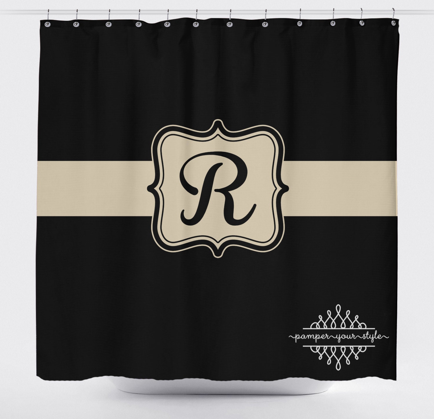 Black and Tan Monogrammed Shower Curtain Classy Bathroom Etsy