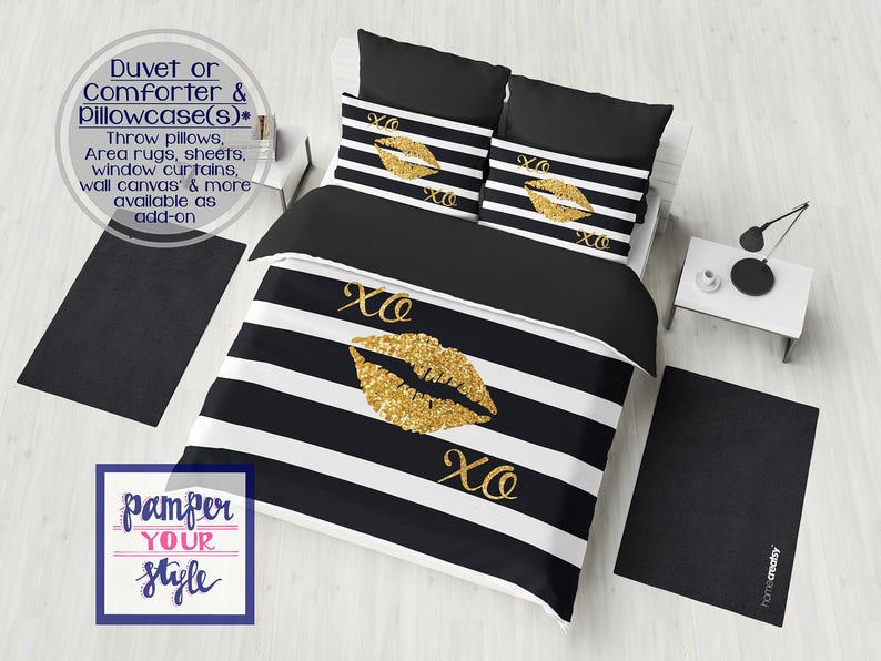 Gold Glitter Lips Bedding Black And White Stripe Comforter Printed Duvet Or Comfortger
