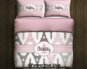 Paris and Chevron Bedding with Matching Sham(s)  Personalize with Name or Monogram - Pick Your Color and Size - Create My Own Bedding