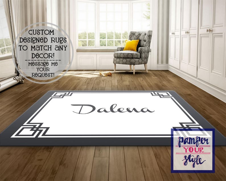 Greek Key Area Rug Modern Geometric Custom Monogrammed Pattern Gray