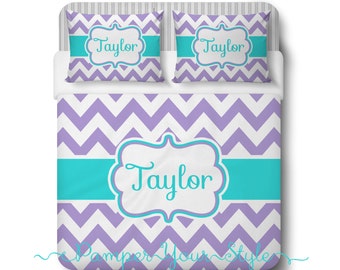 Aqua and Purple Chevron Bedding, Duvet or Comforter, Personalized, Create and Design Your Own Bedding