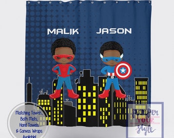 Superhero  Custom Shower Curtain - Sibling Shower Curtain - Superheroes Shower Curtain - Dark Skin Shower Curtain