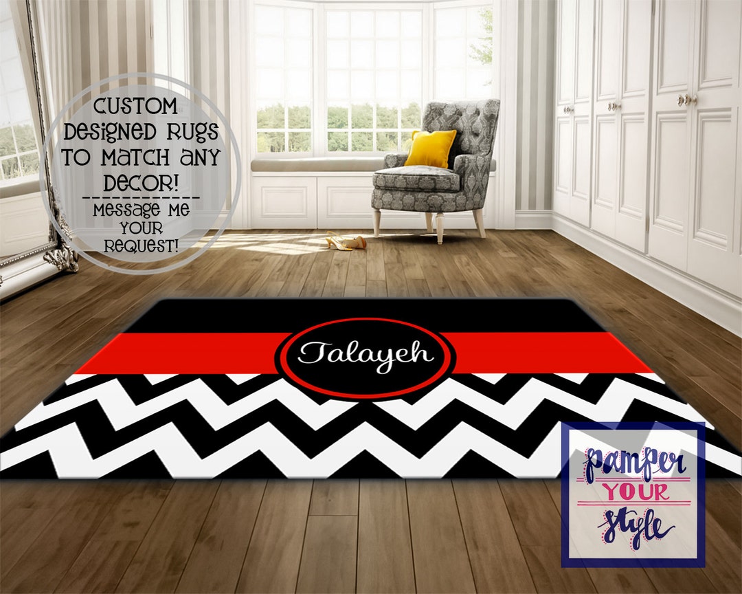 Personalized Area Rug Black and Red Chevron Custom Rug Etsy