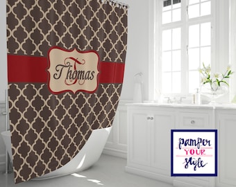 Rich Brown, Beige and Deep Red Monogrammed or Personalized Shower Curtain - Warm Tones Monogrammed Curtain - Quatrefoil Geometric Bathroom
