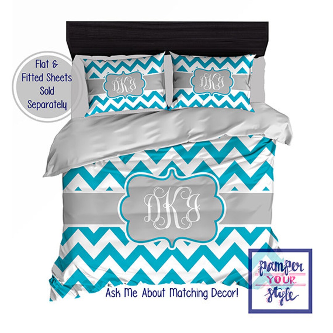 Custom Designed Chevronteal and Gray Bedding, Duvet or Comforter