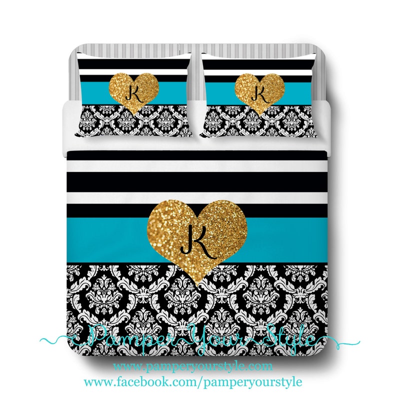 Gold Glitter Heart Comforter or Duvet Black Turquoise and Etsy
