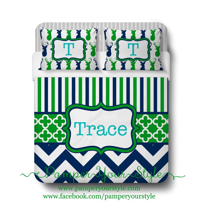 Deer Head Bedding Striped and Chevrongreen and Navy Blue Etsy