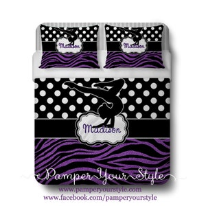 Gymnastics Comforter or Duvet with Matching Shams Personalized Gymnastics Polka Dot and Zebra Bedding Glitter Zebra Bedding image 1