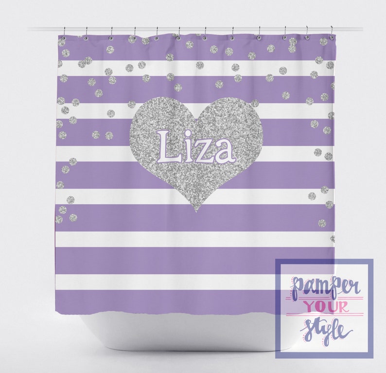 Lavendar Stripe And Silver Printed Glitter Heart Shower Curtain Personalized