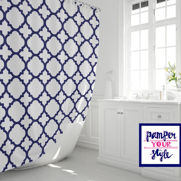 Quatrefoil Navy blue and White Shower Curtain, Lattice Shower Curtain,  Fleur Di Lis Shower Curtain, Custom Curtain, Geometric Bath Curtain