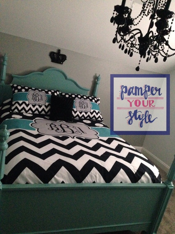 Dot And Chevron Comforter Or Duvet Custom Teal And Black Etsy