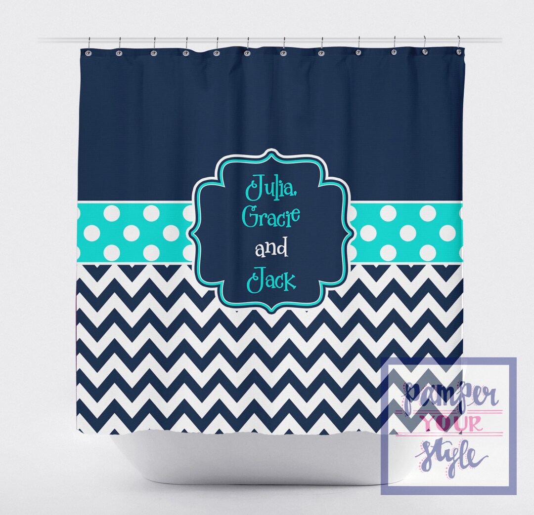 Navy and Aqua Shower Curtain Personalized Shower Curtain Brother and