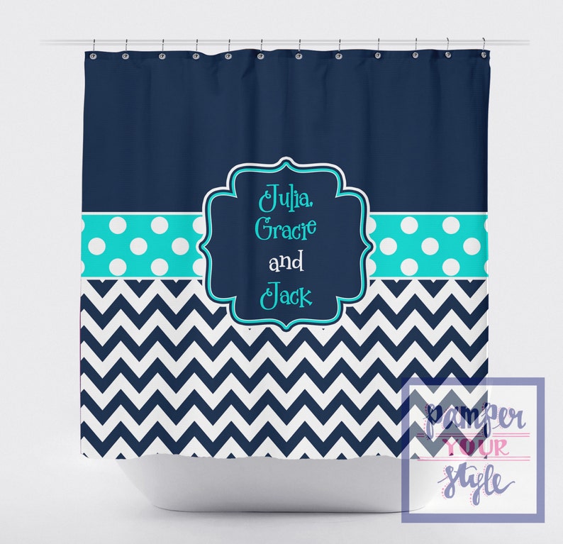 Navy And Aqua Shower Curtain Personalized Image 0