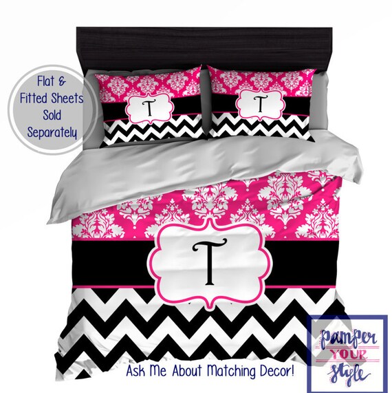 Hot Pink And Black Damask And Chevron Custom Bedding Decor Etsy