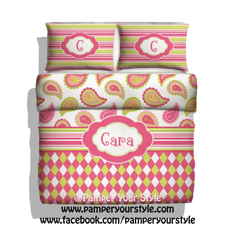 Paisley And Diamond Monogrammed Bedding Girls Personalized Custom Duvet Design My Own Pink Green Bedroom Idea