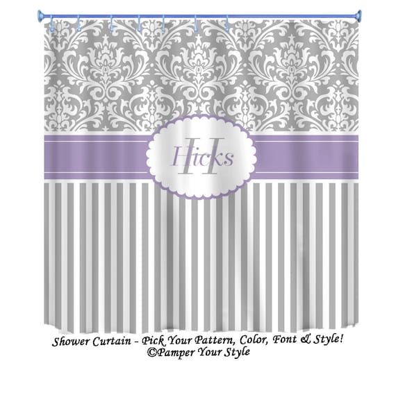 Damask And Stripe Grey And Lavender Shower Curtain Any Etsy
