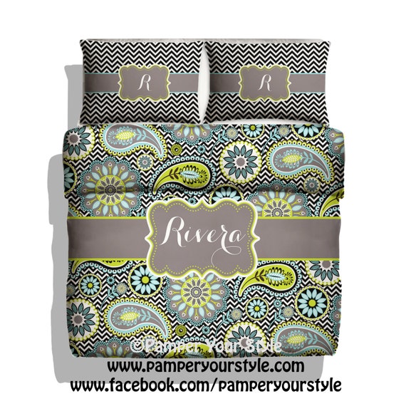 Paisley And Chevron Monogrammed Bedding Personalized Bedding Custom Duvet Or Comforter Aqua Lime And Black Paisley Bedroom Ideas