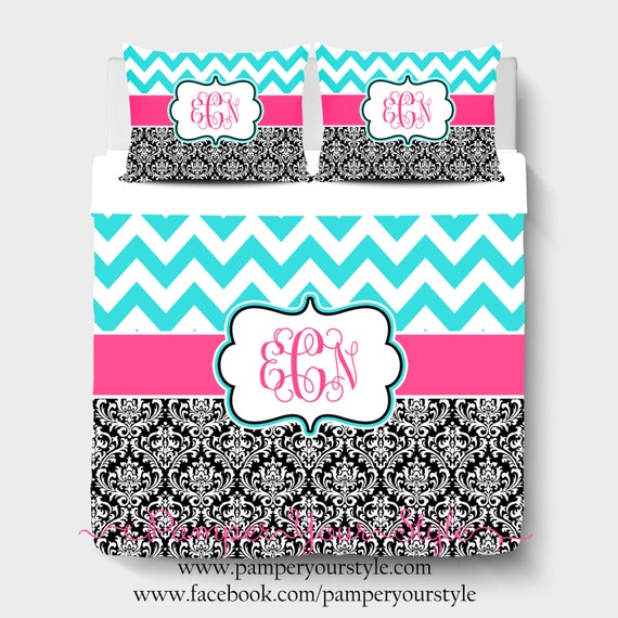 Chevron And Damask Duvet Cover Or Comforter Aqua Pink Etsy
