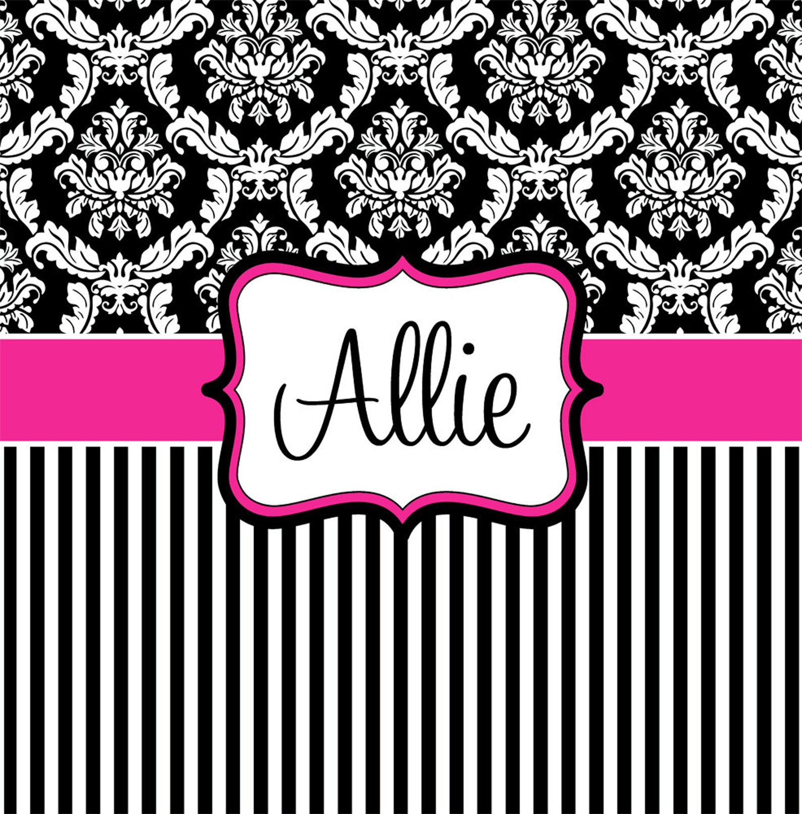 Damask and Stripe Hot Pink Black and White Personalized Etsy