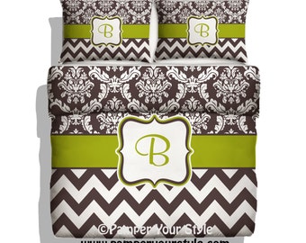 Damask and Chevron Bedding - Brown and Green Bedding Duvet - Custom Bedding Comforter - Personalized Chevron Bedding - All colors Available