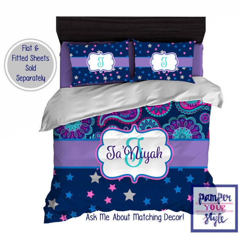 Paisley And Star Bedding Turquoise Pink Navy And Purple Etsy