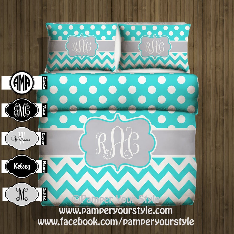 Polka dot and Chevron Duvet with Matching Shams Aqua and Gray Monogrammed Bedding Personalize with Name or Monogram Create your Bed image 1