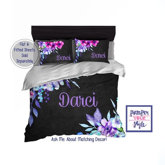 Watercolor Floral Black Vintage Duvet Or Comforter Custom Personalized Vintage Bedding Girls Bedroom Ideas Boho Bedding